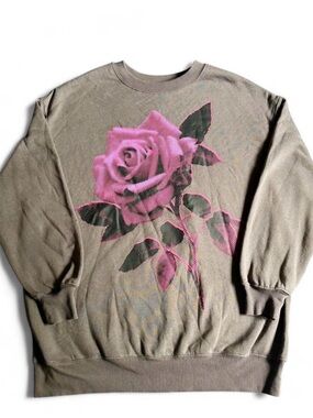 Rebellious One Brown Pink Rose Graphic Oversized Sweatshirt, Small